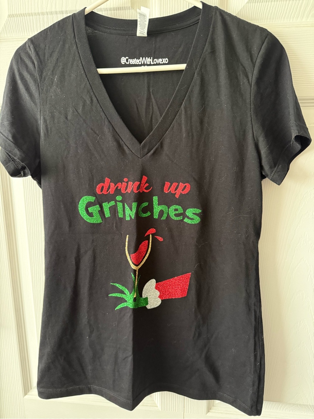 Bella Canvas Black V-Neck 'Drink Up Grinches' Glitter Graphic Tee